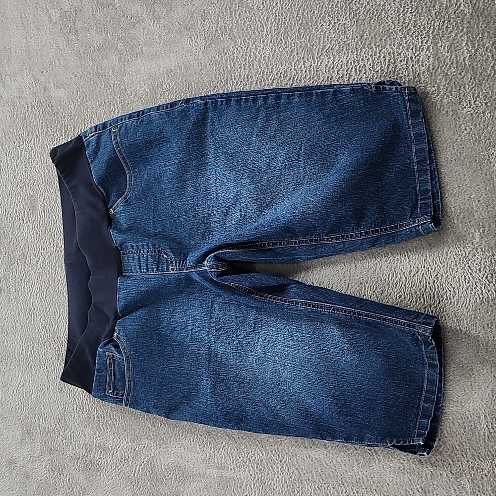 Kika  Maternity Shorts Womens Medium Embroidered Pockets Logo Blue Stretch Denim